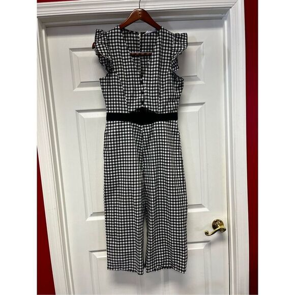 BCBGeneration Black & White Gingham Cut Out Wide Leg Jumpsuit Sz 10 NWT - Picture 3 of 11
